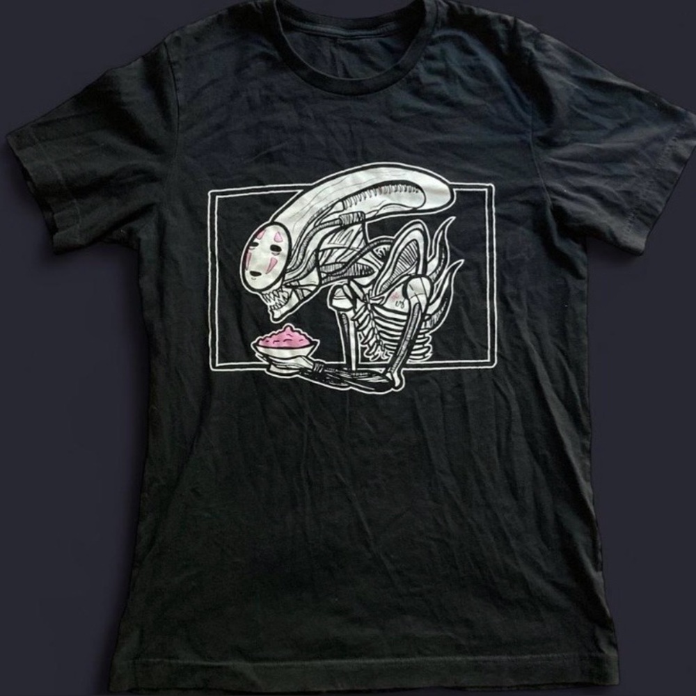 S-M | Alien Xenomorph and No Face Spirited Away Studio Ghibli black t-shirt